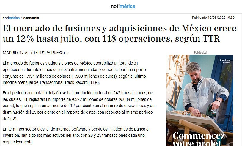 El mercado de fusiones y adquisiciones de Mxico crece un 12% hasta julio, con 118 operaciones, segn TTR